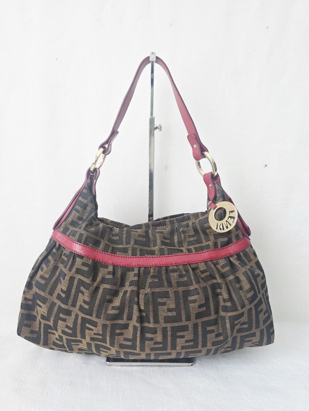 Auth Fendi Zucca Chef Shoulder Bag with Red Trim
